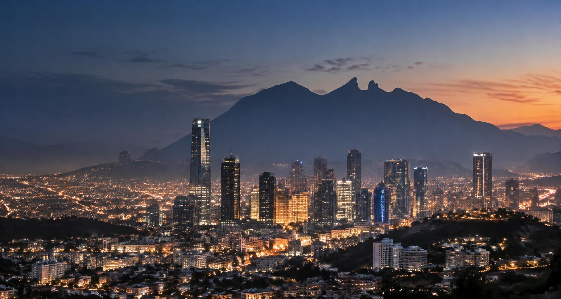 Vista nocturna de Monterrey, Nuevo León, con el Cerro de la Silla al fondo